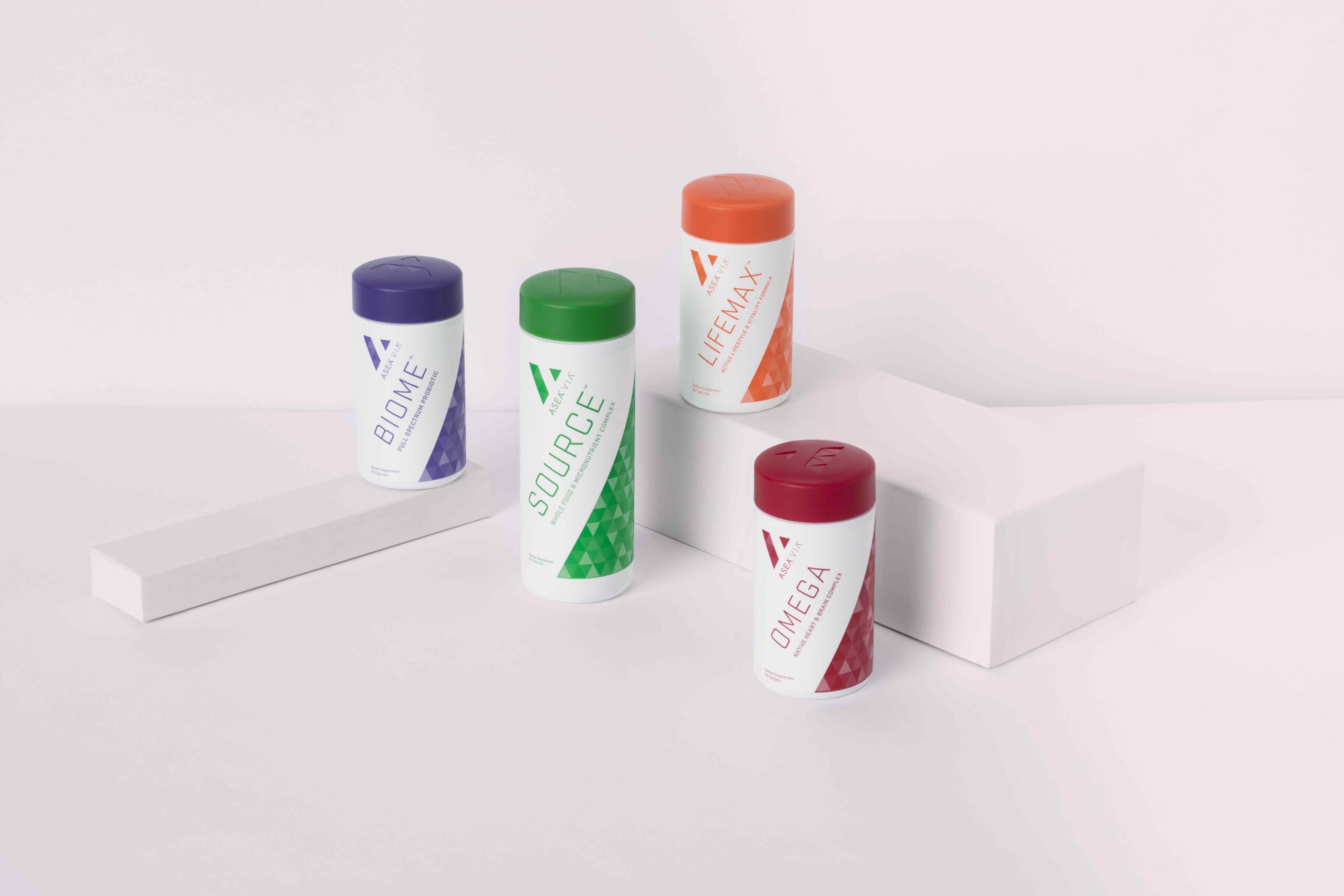 ASEA VIA biohacking supplements displayed as part of a daily wellness routine, illustrating how targeted nutrition supports cellular function, energy, and long-term vitality.