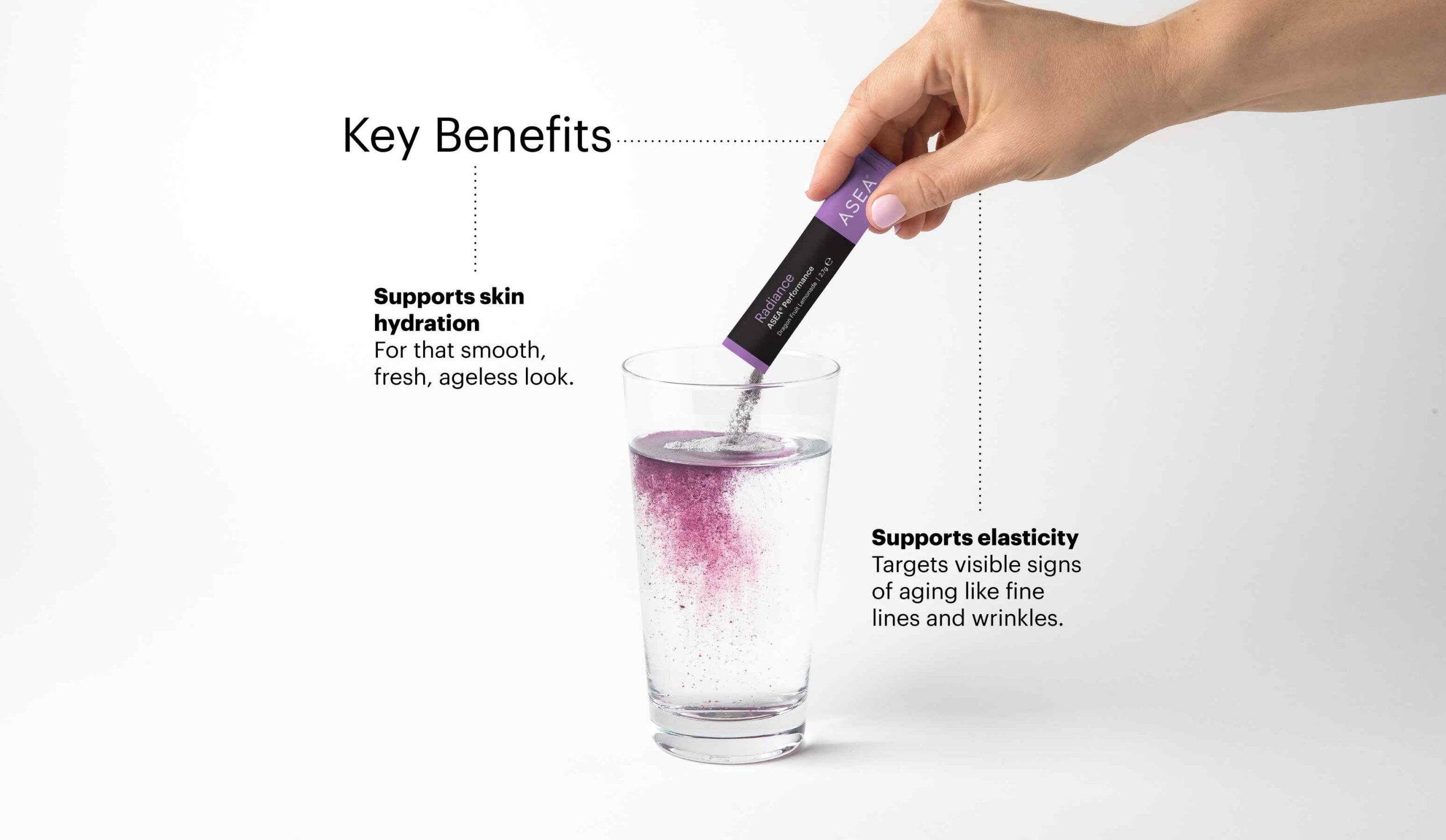 Collagen support is less about quick fixes or ingesting high amounts of collagen and more about giving the body what it needs to work efficiently over time–from the inside out. Healthy collagen production depends on a precise balance of nutrients and healthy cellular signaling, as well as adequate hydration to maintain skin elasticity and radiance.