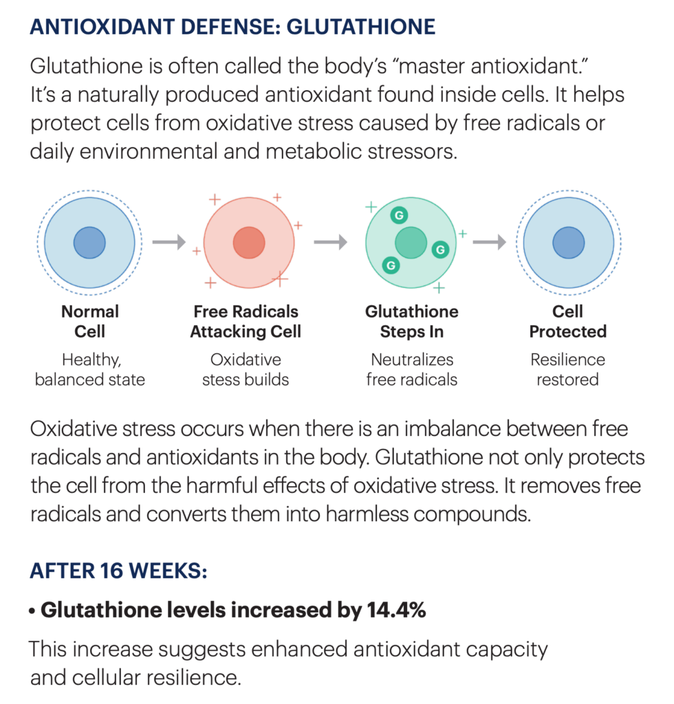What’s especially important is the pattern of change. At 60 days, glutathione levels increased as inflammatory markers began decreasing. Over the following 60 days, IL-1β and IL-6 dropped even more dramatically, while glutathione production naturally downregulated.