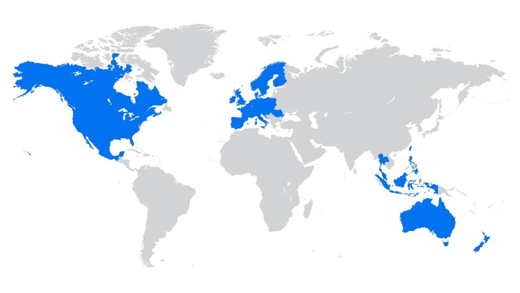 Weltkarte mit aktiven ASEA Märkten in Europa, Nordamerika und weiteren internationalen Standorten